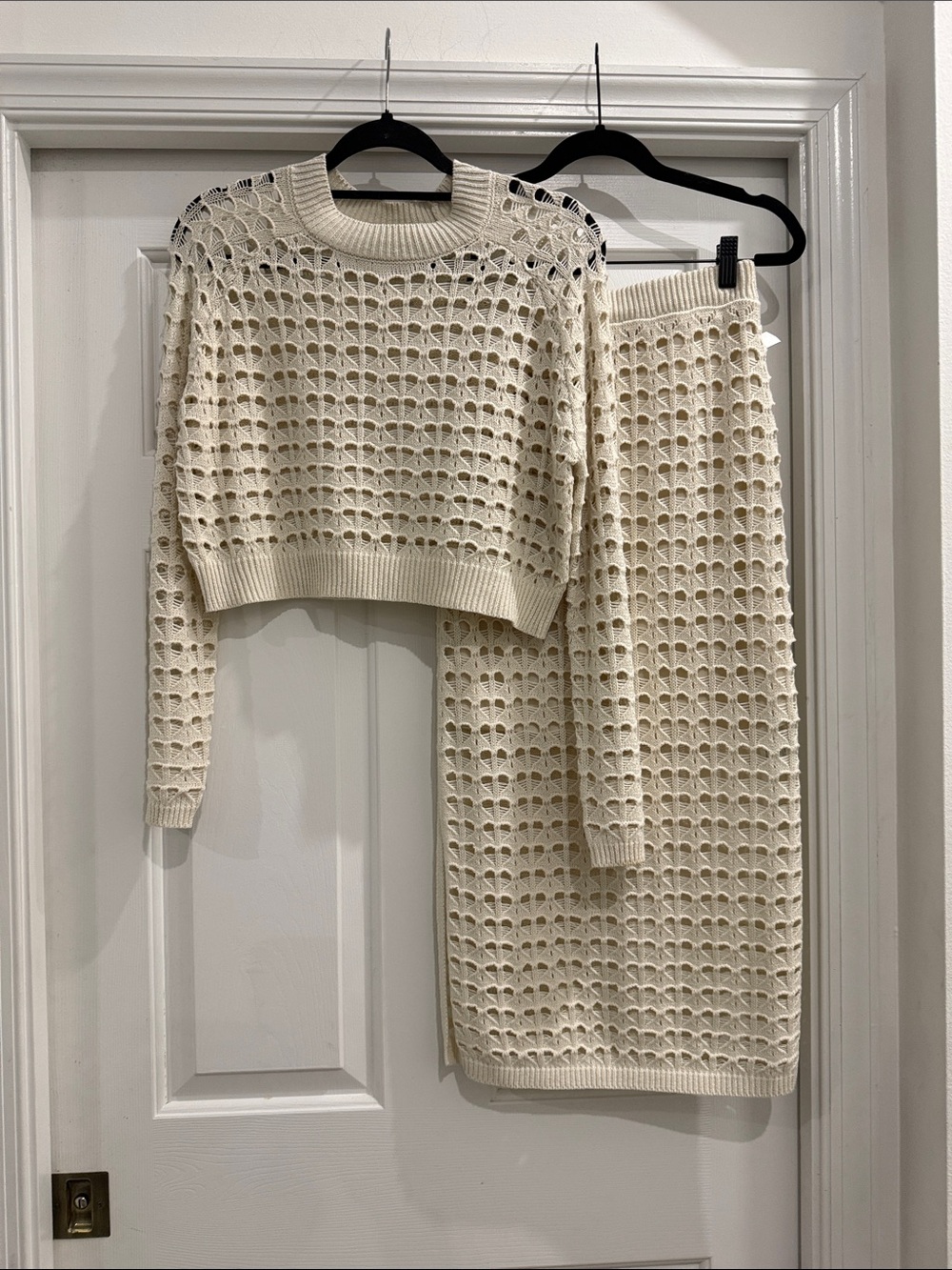 Open-Knit Crochet Sweater & Midi Skirt Set in Cream